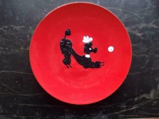 Vintage Enamel Modern Plate Christmas Red With Black Poodle Dog Artist Signed