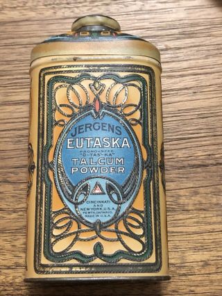 Antique Art Nouveau Embossed Jergen’s Eutaska Talcum Powder Tin,  Full,  8/10
