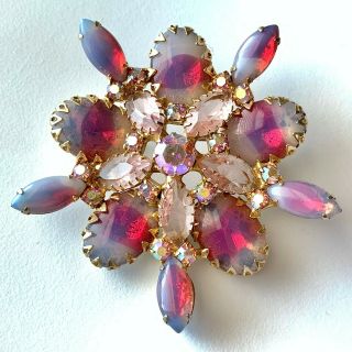 D&e Juliana Vtg Red Givre Glass Pink Marquise Rhinestone Flower Brooch Pin 764