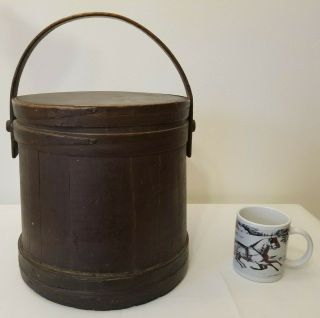 Antique Primitive Firkin Sugar Bucket - Wooden - Bail Handle - Paint