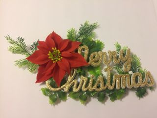 Vintage Merry Christmas Flocked Poinsettia Gold Glitter Retro Wall Decoration