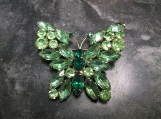 Vintage Signed Weiss Big Green Rhinestone Butterfly Brooch Pin
