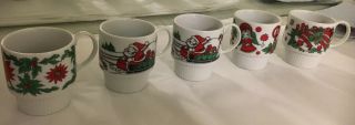Vintage Christmas Coffee Cups Mugs Stackable Japan Set Of 5 Santa,  Bells,  Poinse