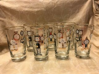 Vintage Black And Gold Trim Drinking Glasses With Clock Design Set Of 7 (a29)