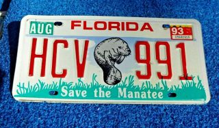 Florida Auto License Plate Save The Manatee Hcv 991 Early 90s