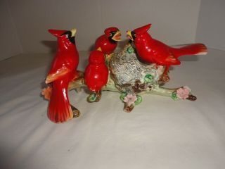 Vintage Red Cardinal/babies - Birds On Branch Figurine - Pottery/china 1950 