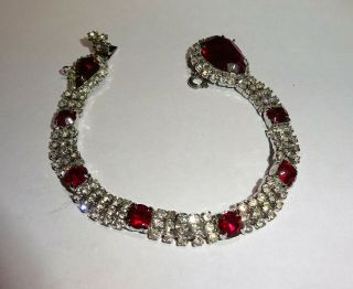 Vintage Kramer Ruby & Clear Rhinestone Bracelet Costume Jewelry 7 ",  Exc