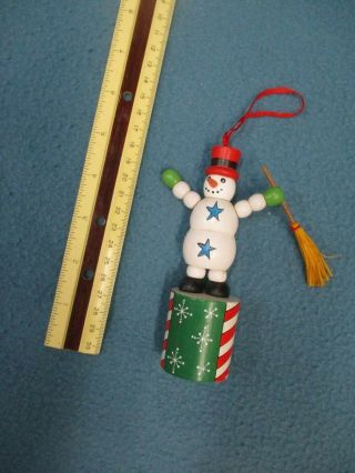 Vintage Wooden Ornament Figure Puppet Push Up Button Frosty Snowman Broom Toy