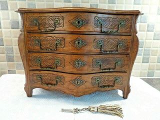 Antique French Table Top Carved Fruitwood Serpentine Front 4 Drawer Chest,  Key