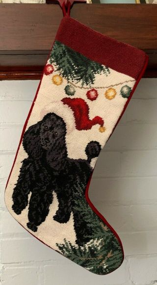 Vintage Christmas Stocking Needlepoint Poodle Santa Dog Wool