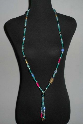 Vintage Italian Venetian Glass Beaded Necklace - Long Ladies Glass Beads Blue