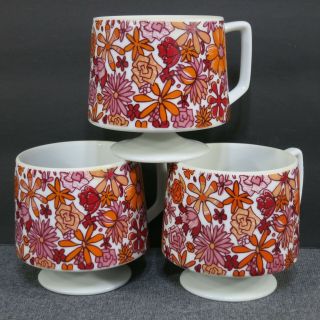 Holt Howard Set Of 3 Vtg Pedestal Mugs Cups 1967 Mcm Stackable 7706 Pink Floral