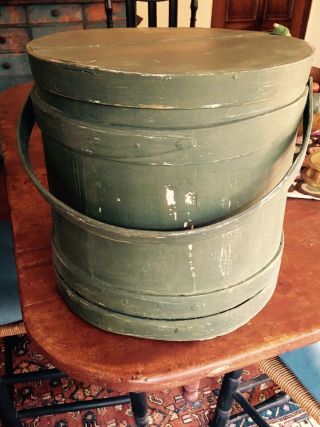 Large 19th Century Lidded Wooden Firkin Sugar Bucket In Green Paint Over White