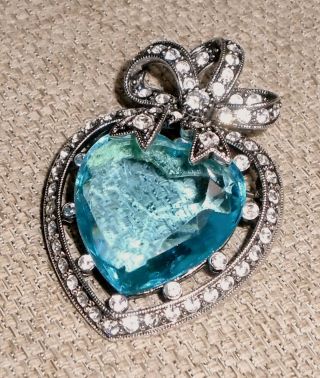 Vintage Heart Brooch Joan Rivers Sign Large Blue Crystal Silver Tone Settin 554w