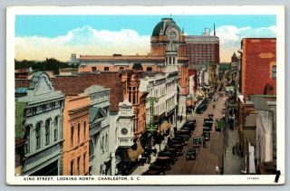 C1910s Charleston Sc,  King Street,  Stores,  Signs,  Old Cars,  Vintage Postcard A42