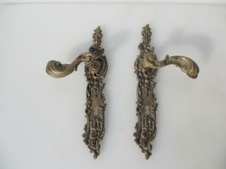 Vintage French Brass Lever Door Handle Rococo Leaf Plates Old X1