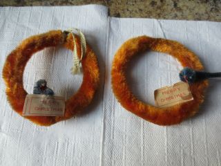 Vtg 2 1/2 " Miniature Chenille Xmas Christmas Wreath (2) Bird And Paper Tag