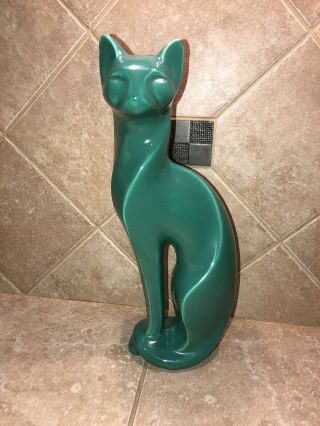 Mid Century Art Deco Bluish Green Ceramic Cat 12”