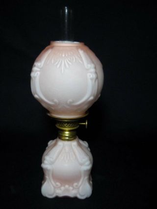 Rare Antique Pink Cased Glass Miniature Oil Lamp Embossed Design Nutmeg Burner