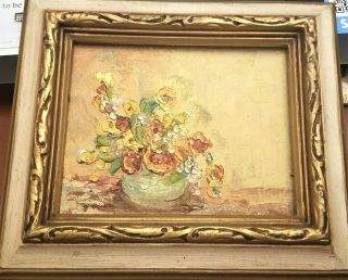 Small Vintage Floral Flowers On Table Still Oil Painting Wood Frame 5x7 Vtg