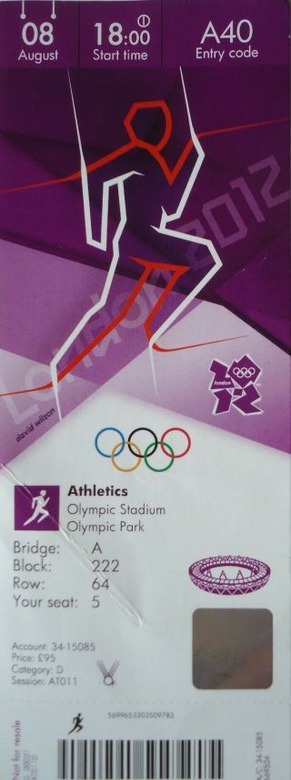 Ticket Olympic London 8.  8.  2012 Leichtathletik Athletics A40