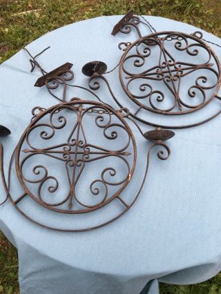 Pair Vintage Antique Wrought Iron Gothic Wall Light Twinarm Sconce Candle Holder