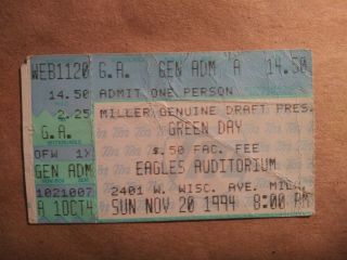 Vintage Green Day Ticket Stub Autographed By Billie Joe Armstrong