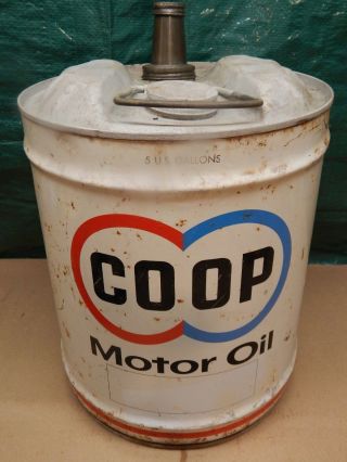 Vintage Co - Op Motor Oil Can 5 Gallon Farm Gas Service Station White Blue Red