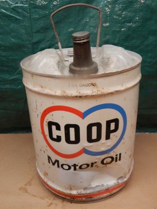 Vintage CO - OP Motor Oil Can 5 Gallon Farm Gas Service Station white blue red 3