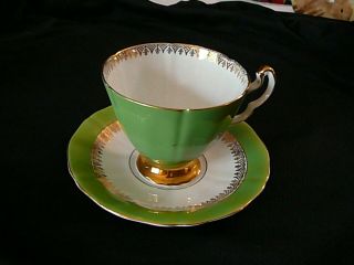 Adderley Tea Cup/saucer Green/gold Bone China Lawley England,  Vintage,