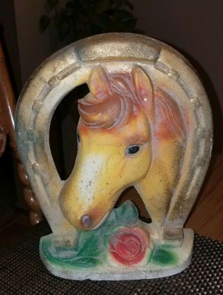 Fine Vintage Carnival Fair Prize Chalkware Statue Horseshoe W/horse Head & Rose