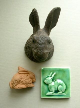 Vintage Plaster Rabbit Head,  Glazed Ceramic Rabbit Tile,  Rabbit Figurine - Ceramic