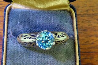 Vintage sterling silver MODERN BLUE ZIRCON ENGAGEMENT SOLITAIRE FILIGREE ring 3