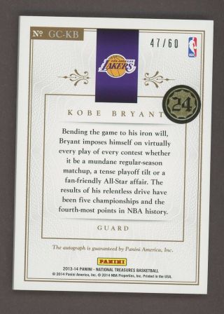 2013 - 14 National Treasures Game Changers Kobe Bryant Lakers AUTO /60 2