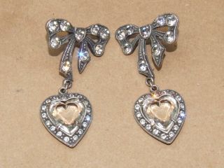 Vtg Sterling Silver Rhinestone Bow & Cut Glass Heart Dangle Earrings 22.  4g 2.  25 "