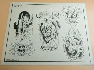 Vintage 1985 Rare Spaulding & Rogers Tattoo Flash Sheet 240t Skulls Demons