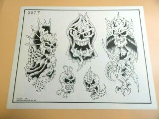 Vintage 1985 Rare Spaulding & Rogers Tattoo Flash Sheet 227t Skulls Demons