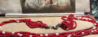 Vintage Modernist Small Red Coral Glass & Faux Pearl Bead Necklace