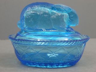 Antique Blue Glass Greentown Indiana Tumbler & Goblet Rabbit Covered Dish 1900s