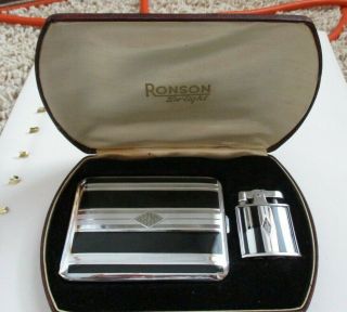Vintage Ronson De - Light Art Deco Cigarette Case W Matching Lighter & Orig.  Box