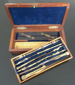 Antique Solid Brass 13 Piece Drafting Draft Set 2 Layer Compasses Tools