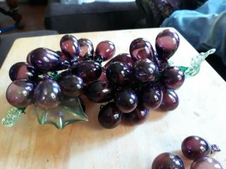 2 Vintage Murano Handmade Glass Grape Cluster Fruit Bunch Purple Glass Leaves