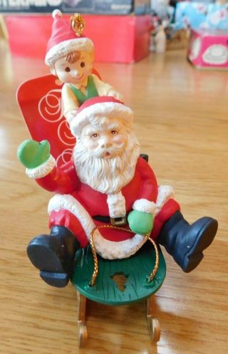 Vintage Trim - A - Home Christmas Ornament Charm Santa Claus & Elf On Sled Box