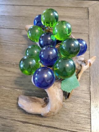 Vintage Lucite Glass Grape Cluster On Wood Branch