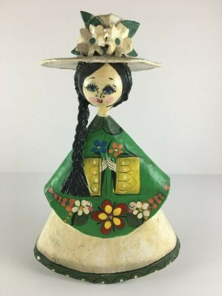 Vintage Mexican Paper Mache Doll Folk Art Black Braid Colorful Big Eyed