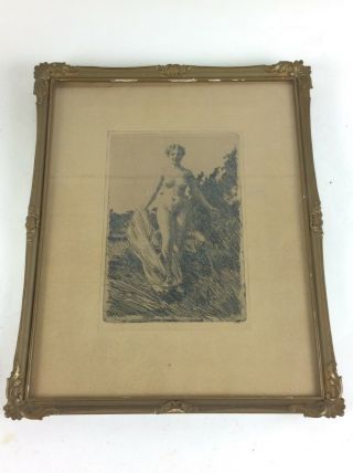 Fine Antique Etching Of A Nude Signed Dated Orm 1901 Nicely Framed 5x7 Etching