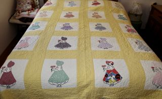 Vintage Yellow Sunbonnet Sue Embroidered Quilt - Hand Stitched & Hand Quilted
