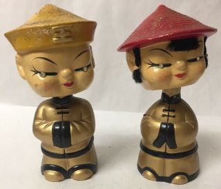 Pair Vintage Chinese Boy Girl Bobble Head Nodder Doll Banks Japan