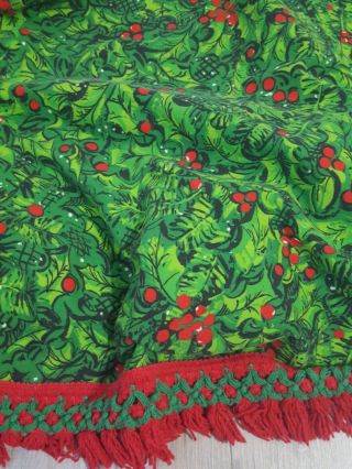 Vintage Mid Century Christmas Tablecloth Holly Fringed Large 112x50in