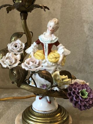 Antique Gilt Metal Candelholder Lamp W Porcelain Lady Figurine & Flowers